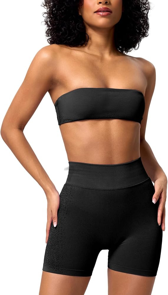 ABOCIW Womens Workout Sets Twist Back Bandeau Sports Bra Seamless Scrunch Butt Lifting Gym Shorts... | Amazon (US)