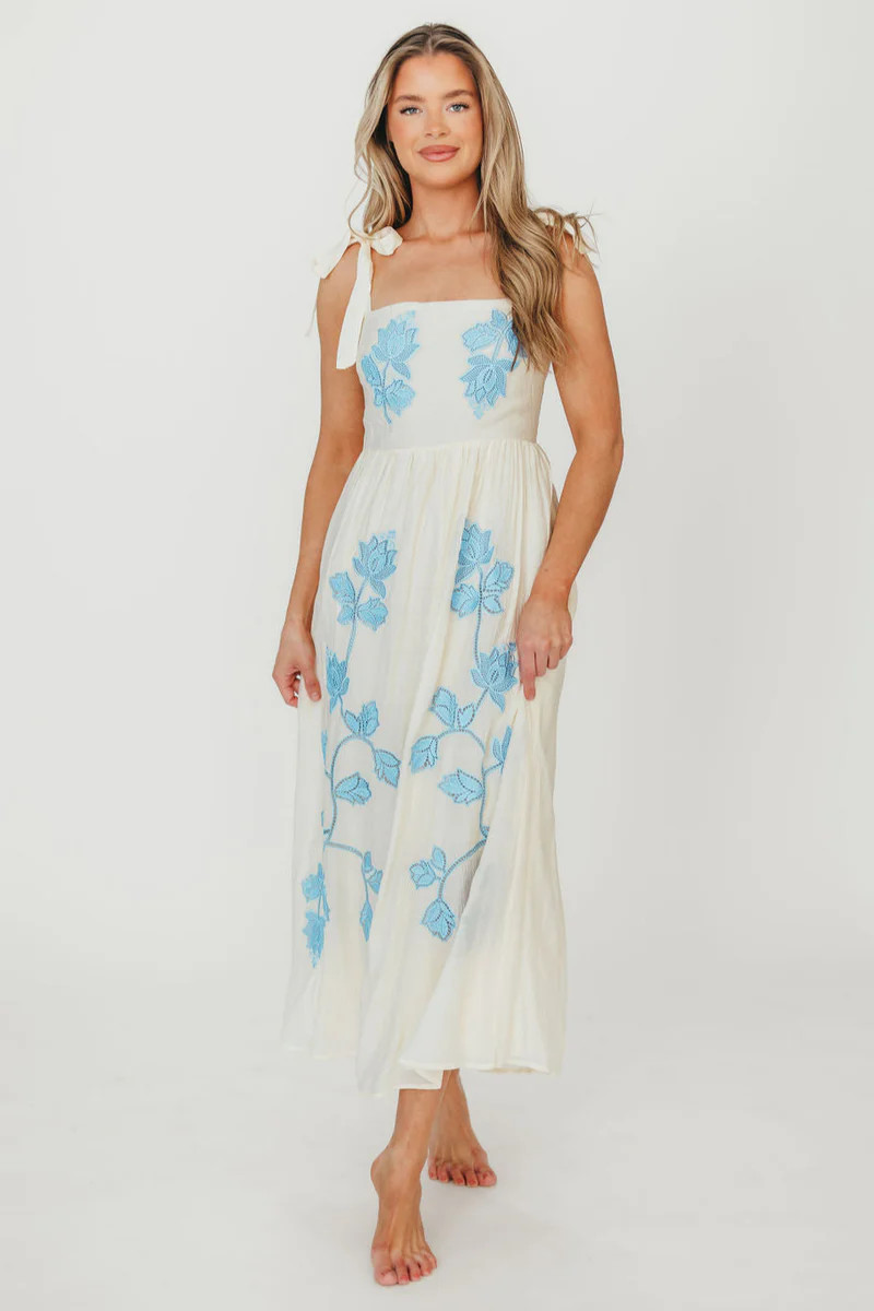 Clementine Embroidered Midi Dress in Cream/Light Blue | Worth Collective