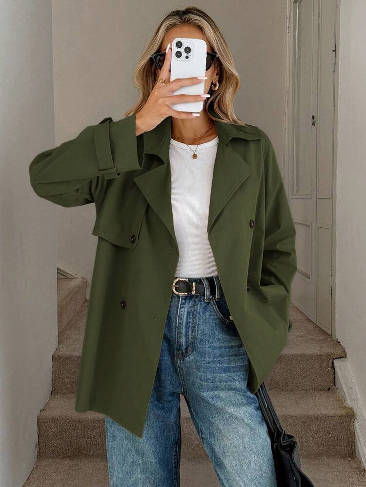SHEIN LUNE Women's Solid Color Lapel Neck Long Sleeve Double-Breasted Casual Trench Coat, Fall Winter For Women, Olive Green | SHEIN