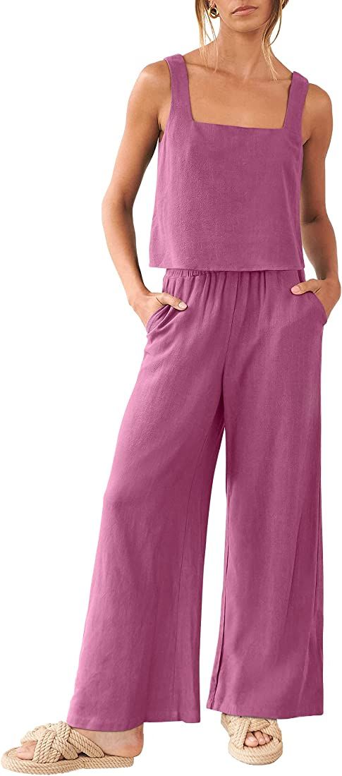 ANRABESS Women's 2 Piece Outfits Square Neck Linen Tank Crop Top Wide Leg Pants Matching Lounge Set  | Amazon (US)