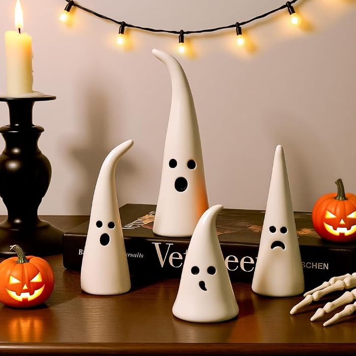 Halloween Decor Ceramic Ghost Figurine: 4 pcs Cute White Ghosts Halloween Decorations, Small Ghost Statue with Pointy Tops, Spooky Farmhouse Table Tiered Tray Fireplace Halloween Decor for Kids Home | Amazon (US)