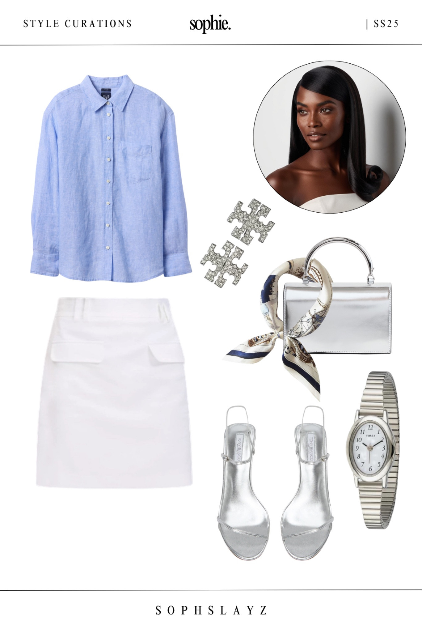 This crisp and polished outfit from my SS25 summer capsule wardrobe is everything.
Featuring a light blue linen button-up shirt, structured white mini skirt, and silver strappy heels, it’s styled with a metallic top-handle bag, silk scarf accent, and a classic stretch-band watch for a timeless finish.

#LTKOver40 #LTKShoeCrush #LTKStyleTip