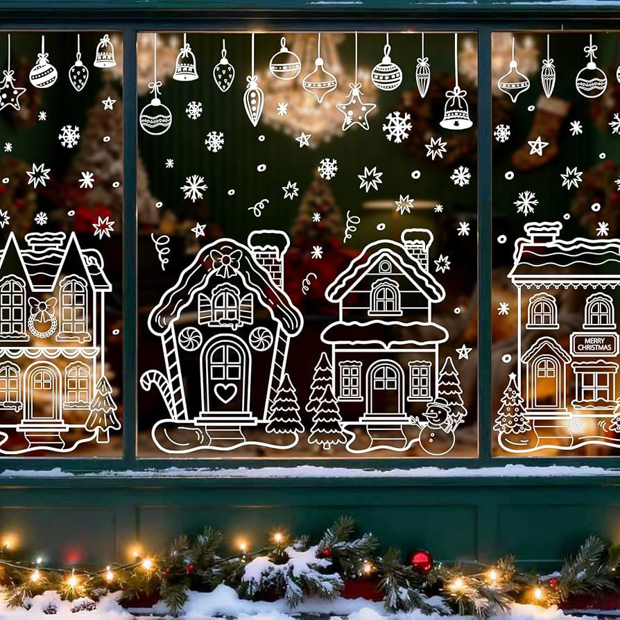 14.8 * 27.6" Large Christmas Window Clings 4 Sheets Winter House Snowflake Ball Ornaments Sticker... | Amazon (US)