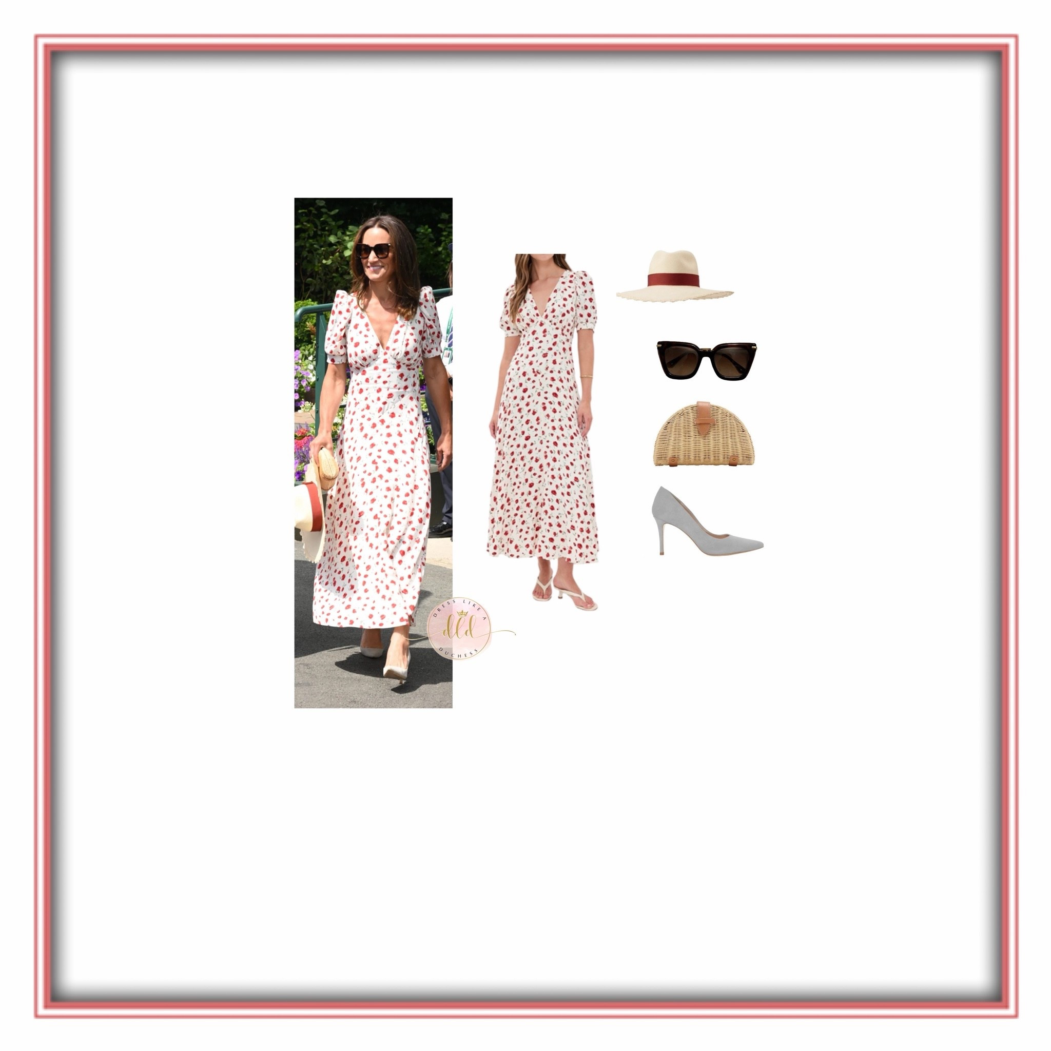 6/6/26 Pippa Middleton at Wimbledon in Reformation Naira dress + Lock and Co August hat + Jimmy Choo Ciara sunglasses in brown + JCrew rattan clutch + Emmy London Claudia heels in light gray