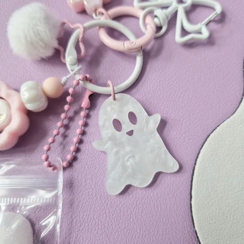 Cute Kawaii Ghost Keychain Pink & White Girly Ghost Charms Bows Sakura Squishy Skull Pink Keyring... | Etsy (US)