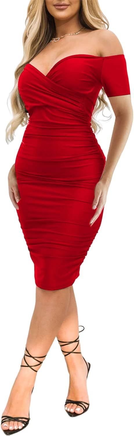 Ekaliy Women's Sexy Off The Shoulder Midi Dress Ruched Bodycon Dresses | Amazon (US)