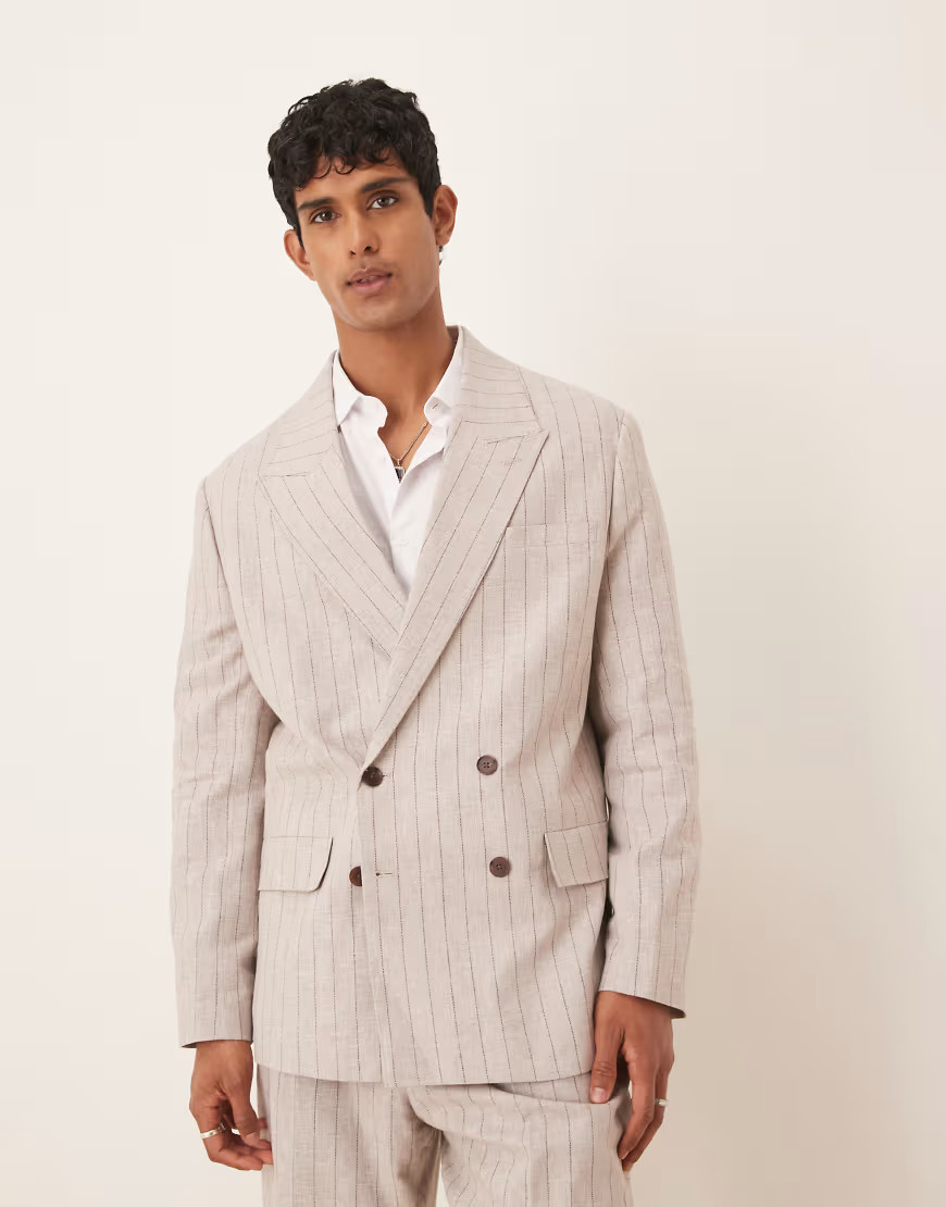 Selected linen blend relaxed fit blazer in cream pinstripe-White | ASOS (Global)