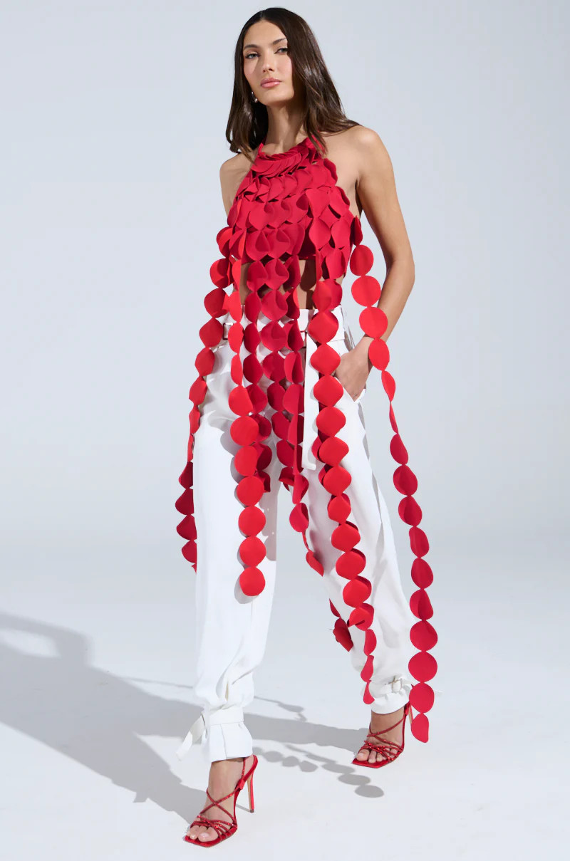 LIGHTS FLASHING HALTER TIE NECK TOP IN RED | AKIRA