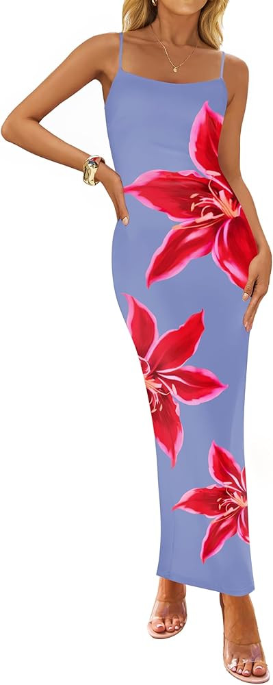 ZESICA Women’s Summer Bodycon Maxi Dresses 2025 Floral Spaghetti Strap Square Neck Sleeveless B... | Amazon (US)