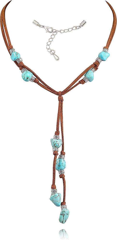 CANEVINKA Suede Turquoise Necklace for Women Handmade Y-Shape Bohemain Vintage Pendant Jewelry La... | Amazon (US)