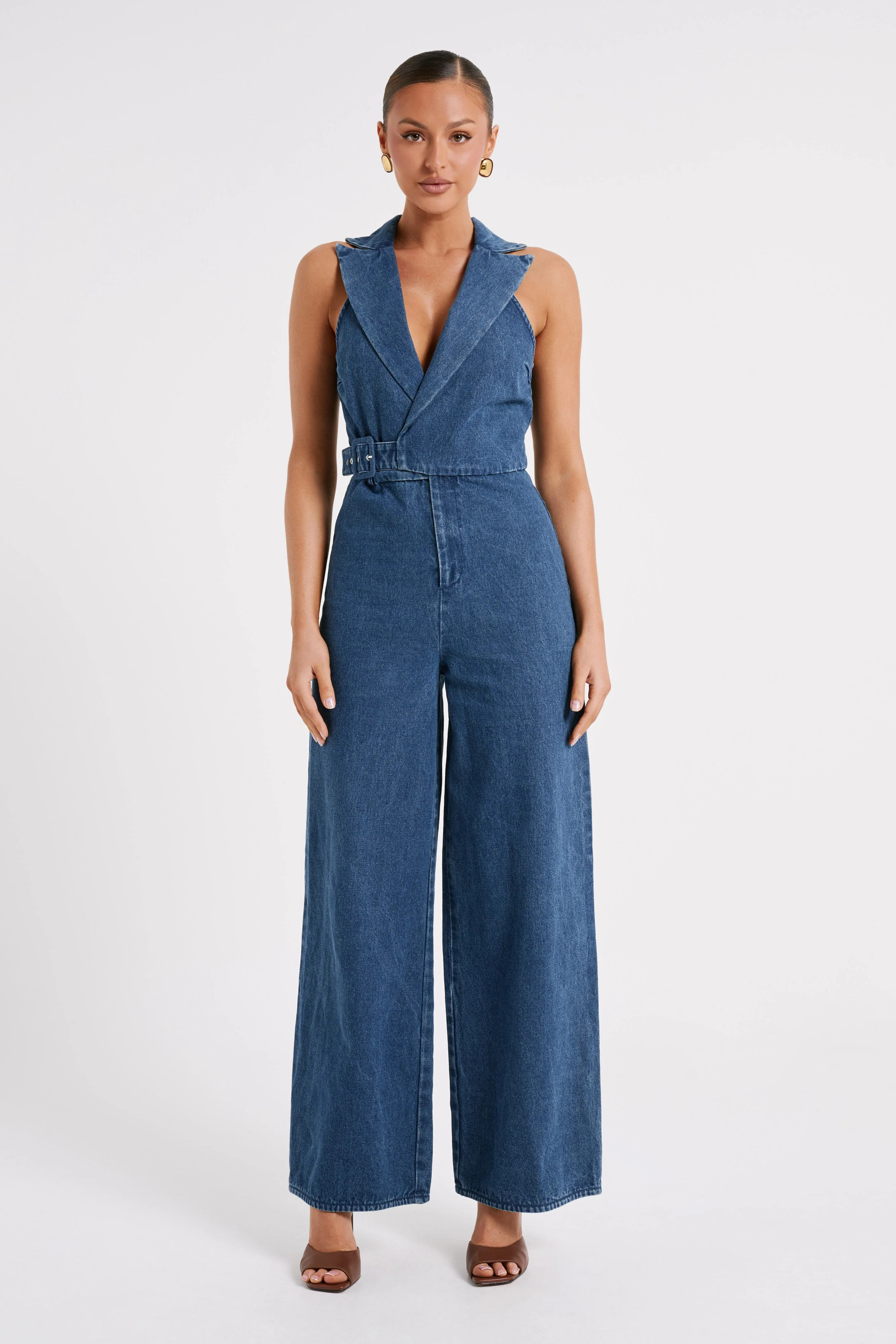 Cadie Sleeveless Denim Jumpsuit - Dark Blue | MESHKI US