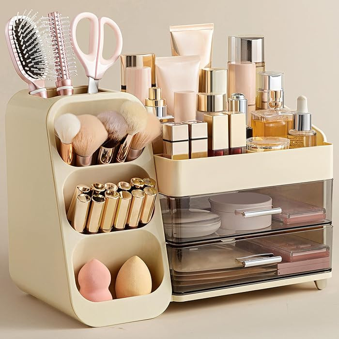 HBlife Makeup Organizer with Brush Holder for Vanity, Large Plastic Bathroom Countertop Organizer... | Amazon (US)