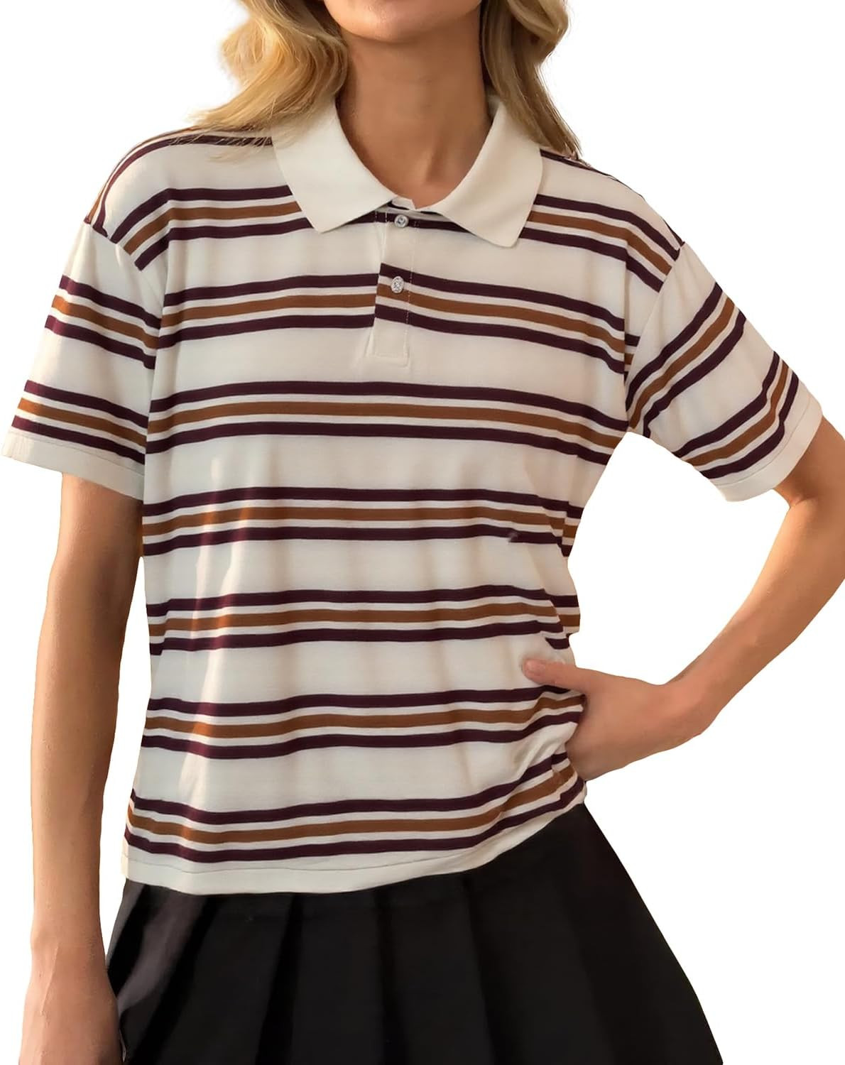 Cioatin Women Y2K Striped Colorblock Button Up Polo T-Shirt Short Sleeve Loose Fit Preppy Aesthetic Tee Tops Summer Outfits | Amazon (US)