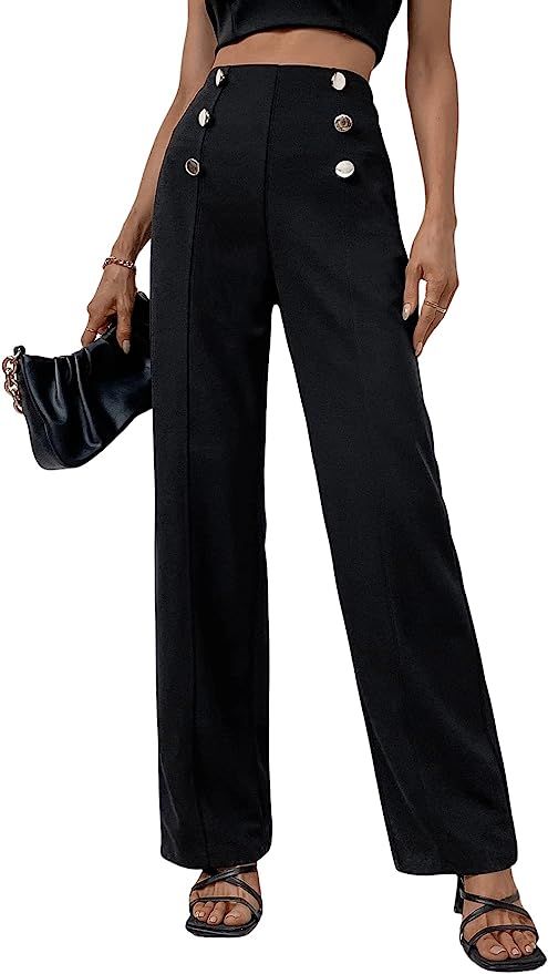 SweatyRocks Women's High Waisted Double Breasted Pants Straight Leg Work Office Long Trousers | Amazon (US)