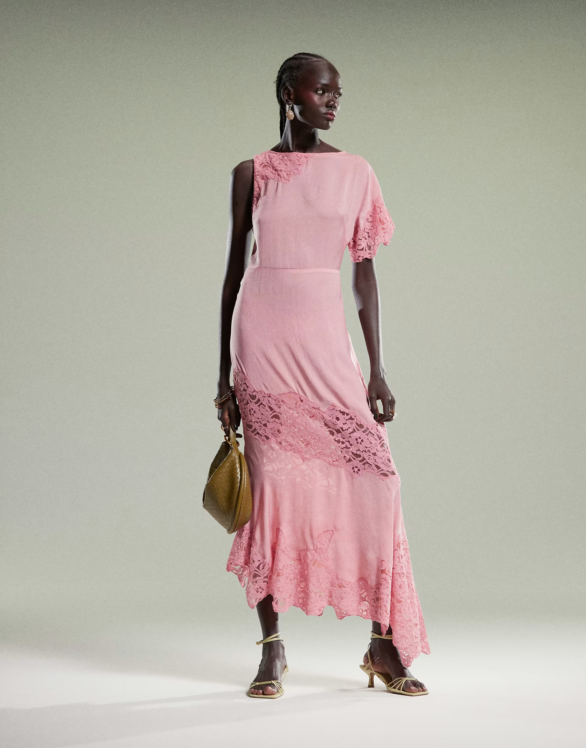 ASOS DESIGN flutter sleeve midi dress with lace detail in pink | ASOS (Global)