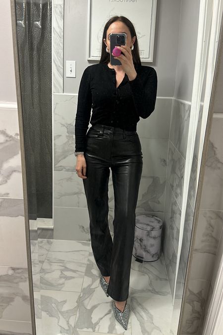 Dinner outfit - favorite faux leather pants (true to size) and simple affordable cardigan ($15). I have the cardigans in so many colors! Earrings are Amazon 