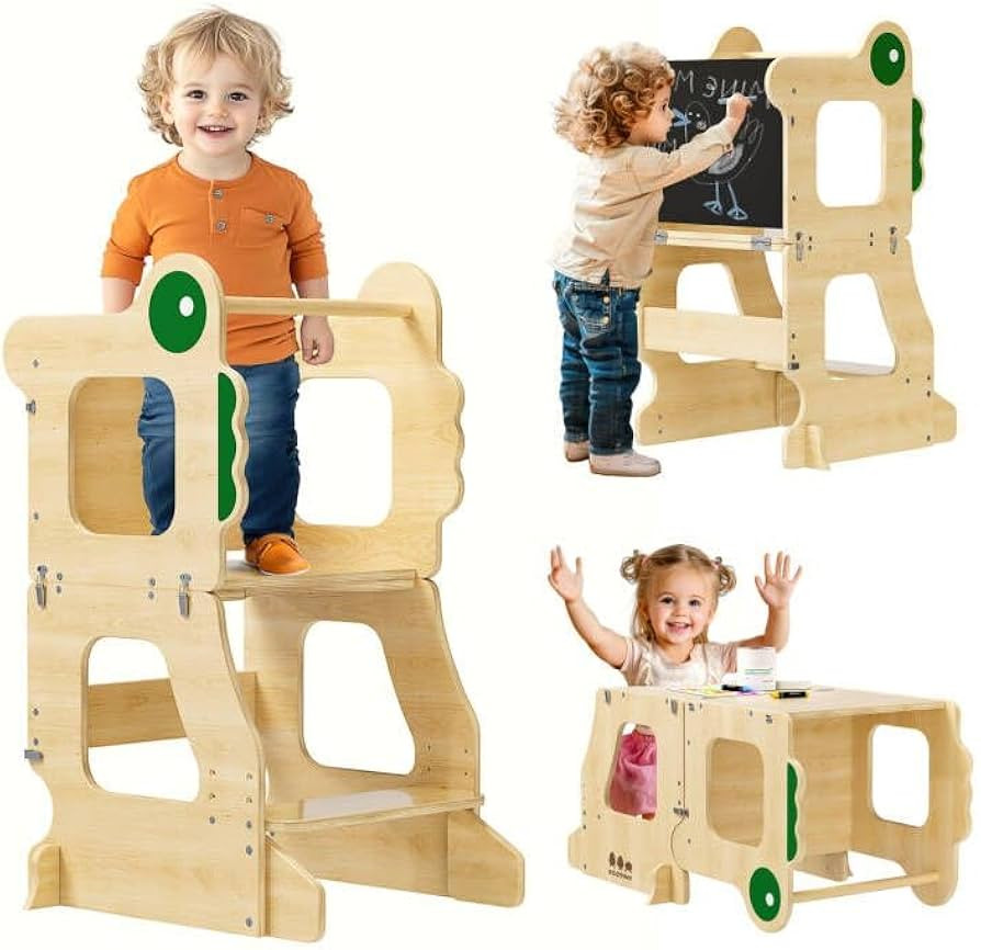 3-in-1 Kitchen Toddler Tower with Chalkboard, Foldable Learning Tower Kitchen Step Stool, Toddler... | Amazon (US)