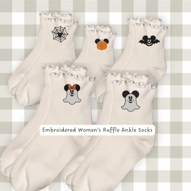 Disney Halloween Embroidered Ruffle Socks | Mickey Ghost Socks | Pumpkin Mouse Ears | Bat Mouse |... | Etsy (Global)