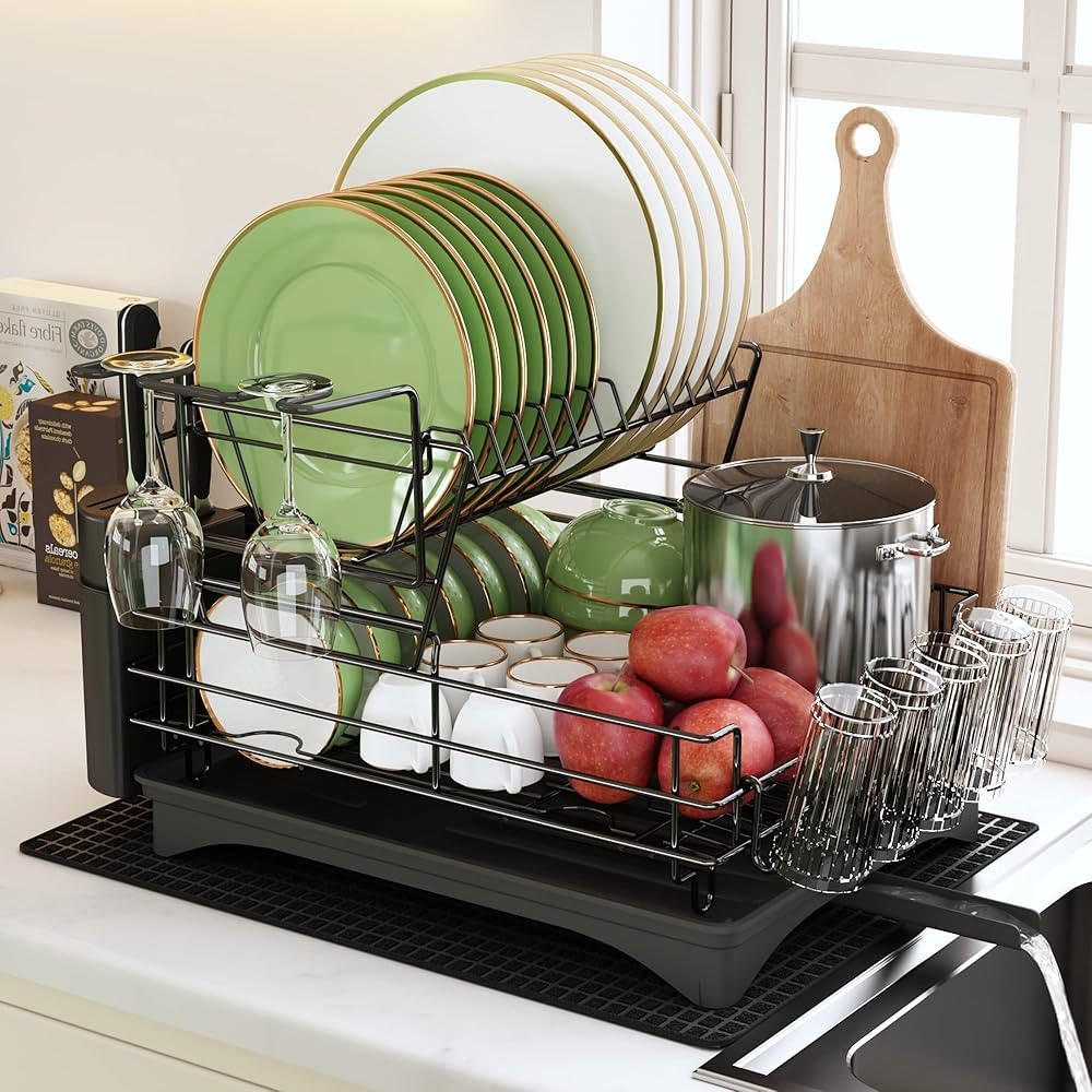 Qienrrae Dish Drying Racks for Kitchen Counter, Stainless Steel 2 Tier Black Dish Dryer Rack with... | Amazon (US)