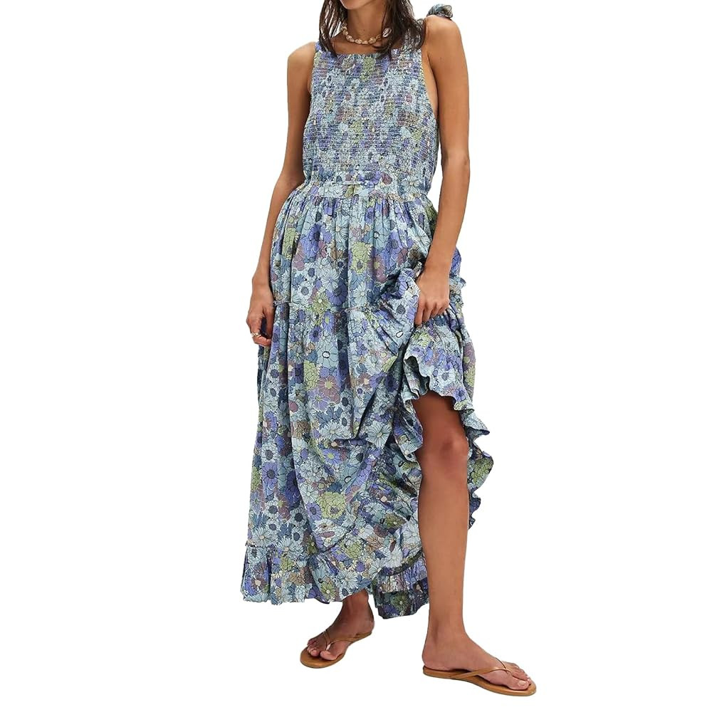Women Floral Maxi Dress Tie Shoulder Cutout Backless Boho Smocked Flowy Dresses Summer Fall Sundr... | Amazon (US)