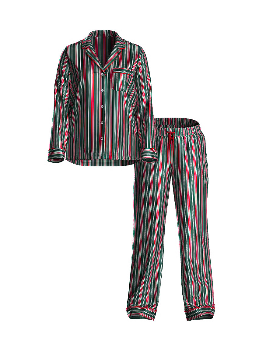 Buy Glazed Satin Long Pajama Set, Festive Red & Green Stripe - Order Pajamas Sets online - Victor... | Victoria's Secret (US / CA )