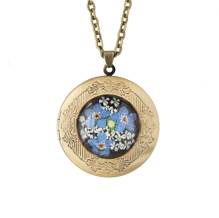 Handmade Oval Round Shaped Photo Locket with Pressed Flowers Locket pendant Necklace (Round Blue ... | Amazon (US)