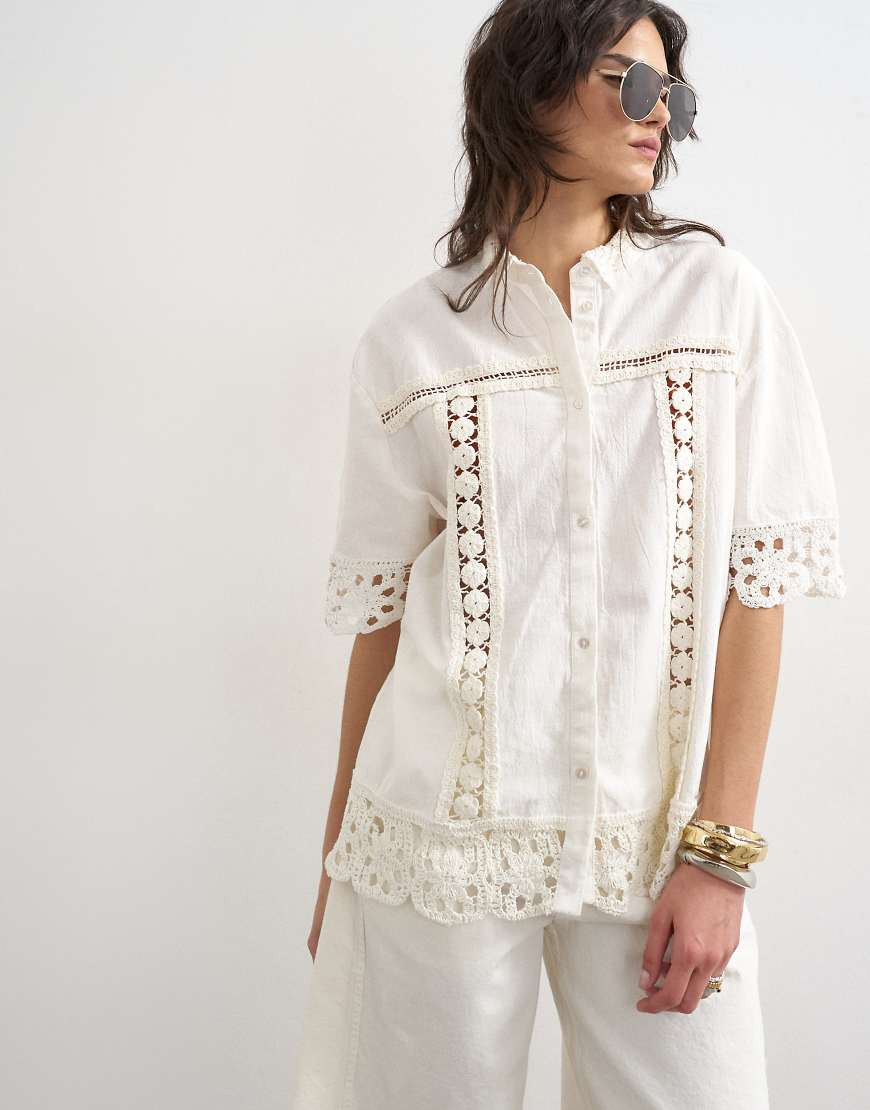Topshop lace insert resort shirt in ivory-White | ASOS (Global)