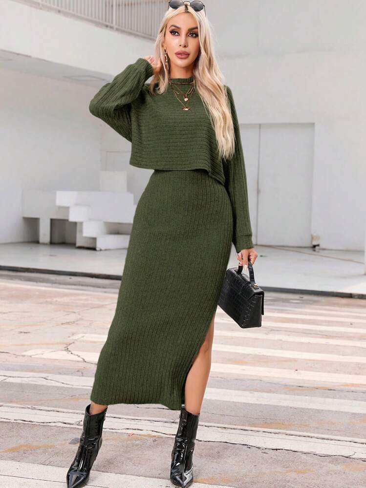 SHEIN Essnce 2pcs Women Casual Solid Color Batwing Sleeve Top & Side Slit Skirt Set, Autumn | SHEIN