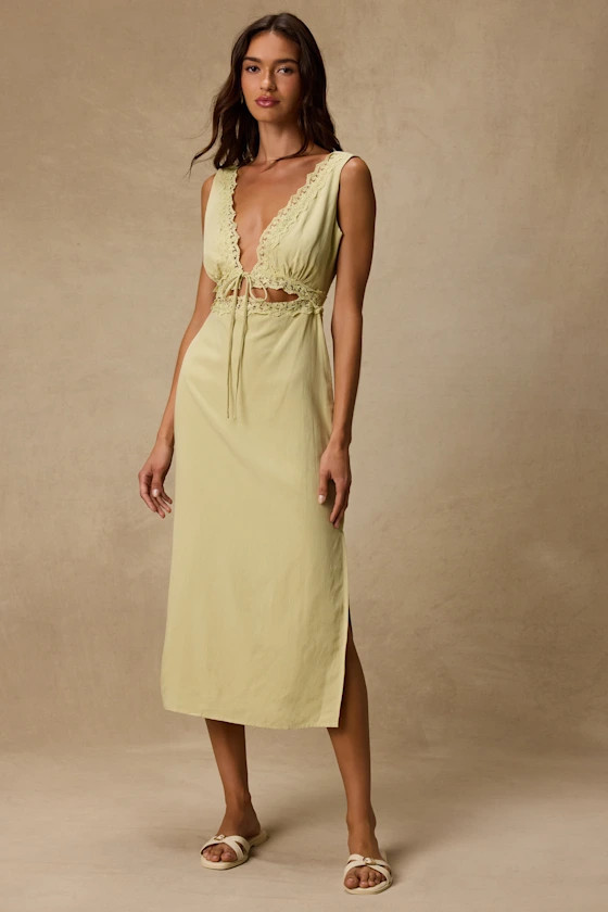 Connie Light Chartreuse Lace Tie-Front Midi Dress | Lulus