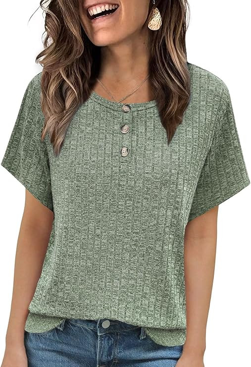 MixShe Womens Ribbed Knit Short Sleeve Tops Button Front Crew Neck Casual Lightweight Blouses | Amazon (US)