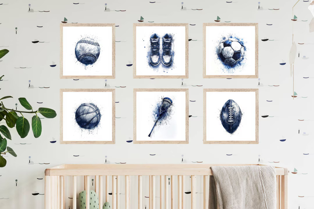 Navy Blue Ink Contemporary Sports Nursery Kids Bedroom Set of 6 Baseball Football Soccer and Golf... | Etsy (US)