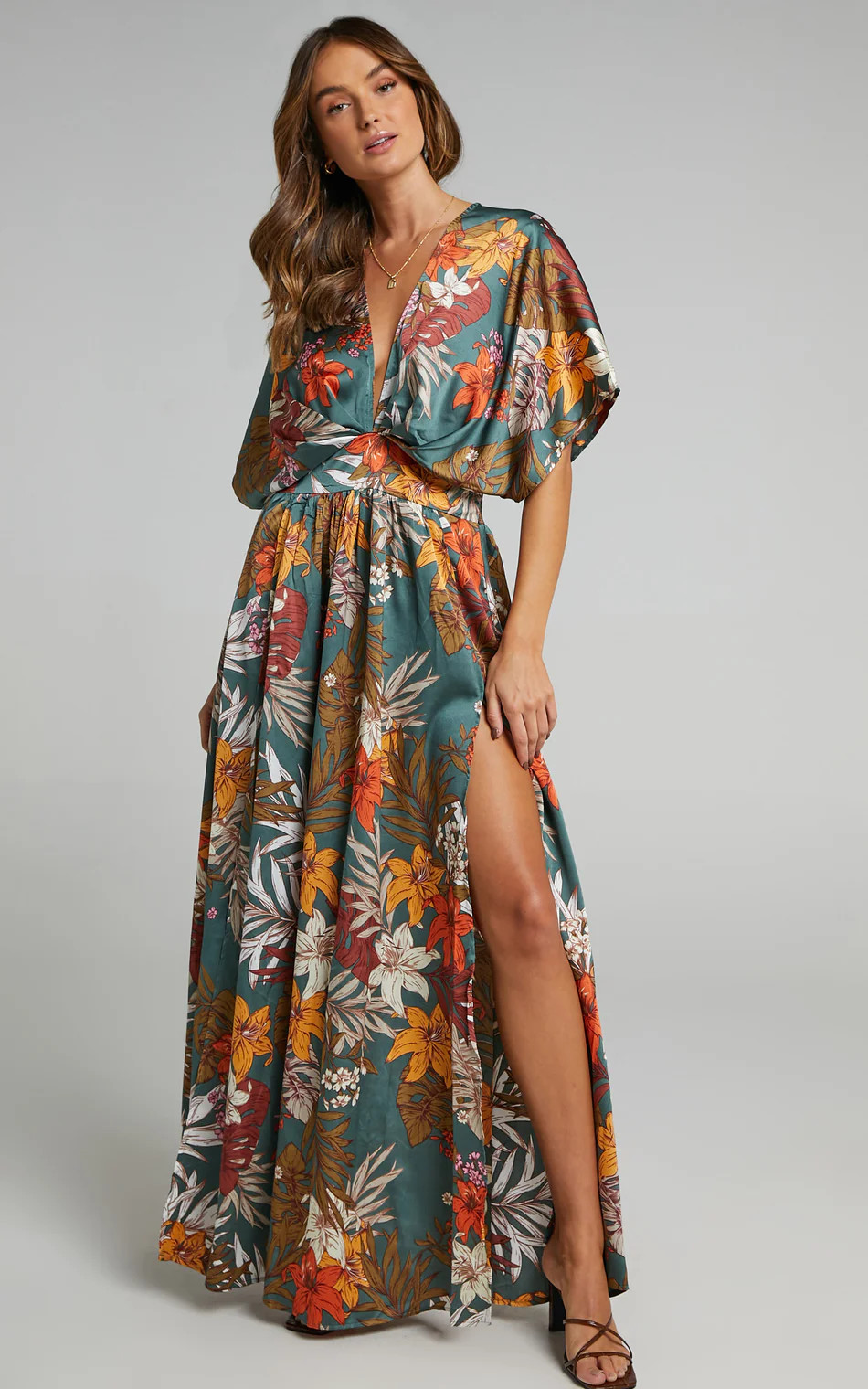 Plunge Thigh Split Dress in Teal Floral Satin | Showpo (US, UK & Europe)