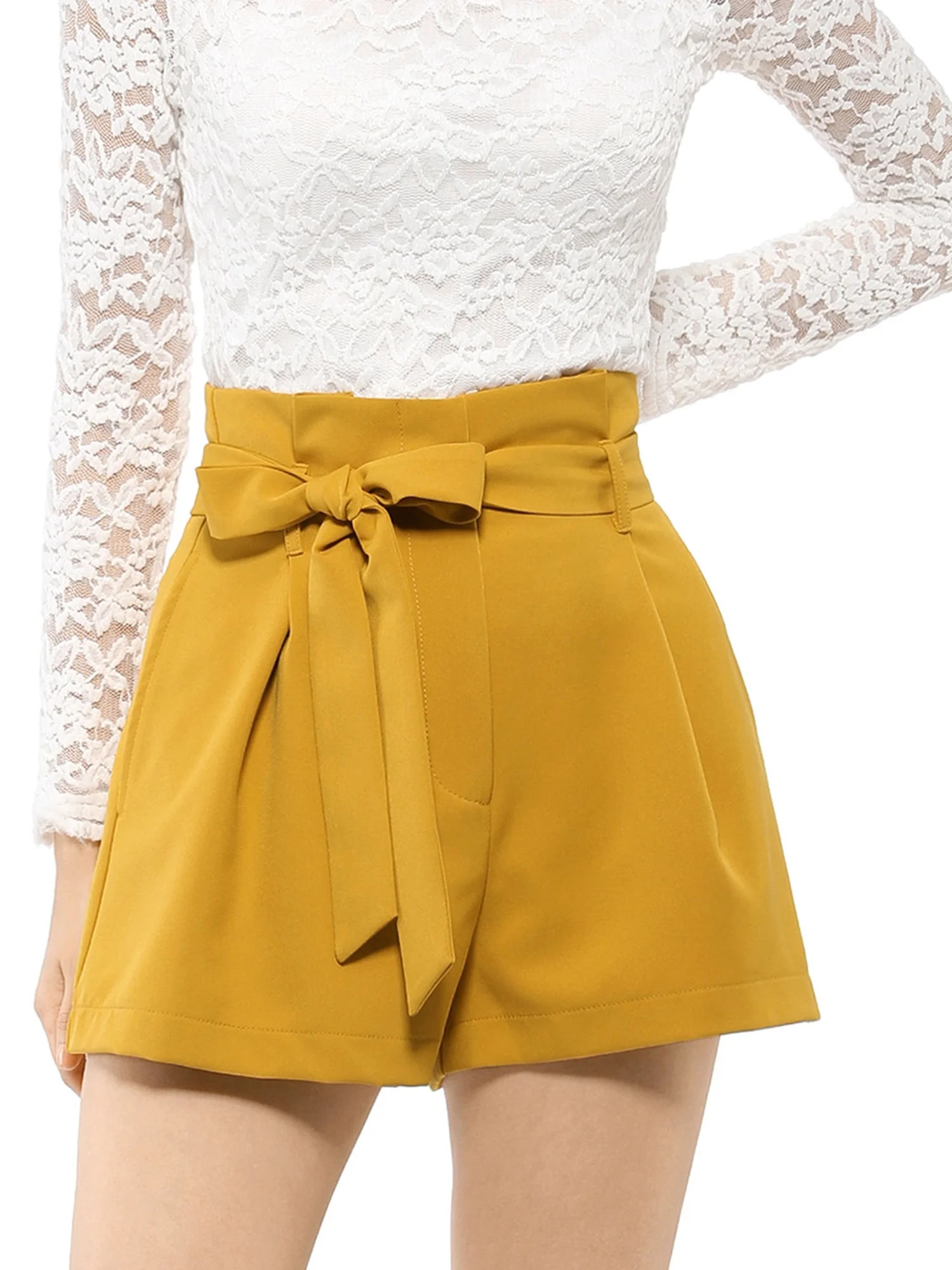 Allegra K Women's Elegant Bow Self-Tie Belt High Paper Bag Waist Pleated Shorts | Walmart (US)