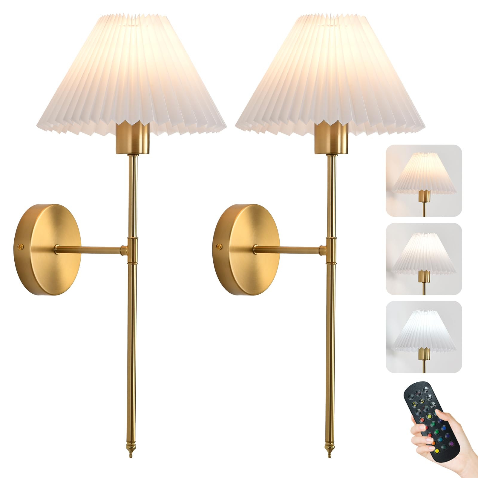 Rechargeable Wall Sconces Set of 2, Gold Battery Operated Wall Lights with Remote, Dimmable Pleat... | Amazon (US)