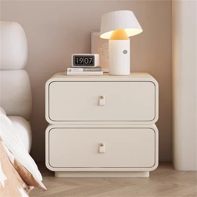 Solid Wood Italian Minimalist Nightstand With Leather Drawer - Modern Cream Bedside Table For Small Spaces | Wayfair North America