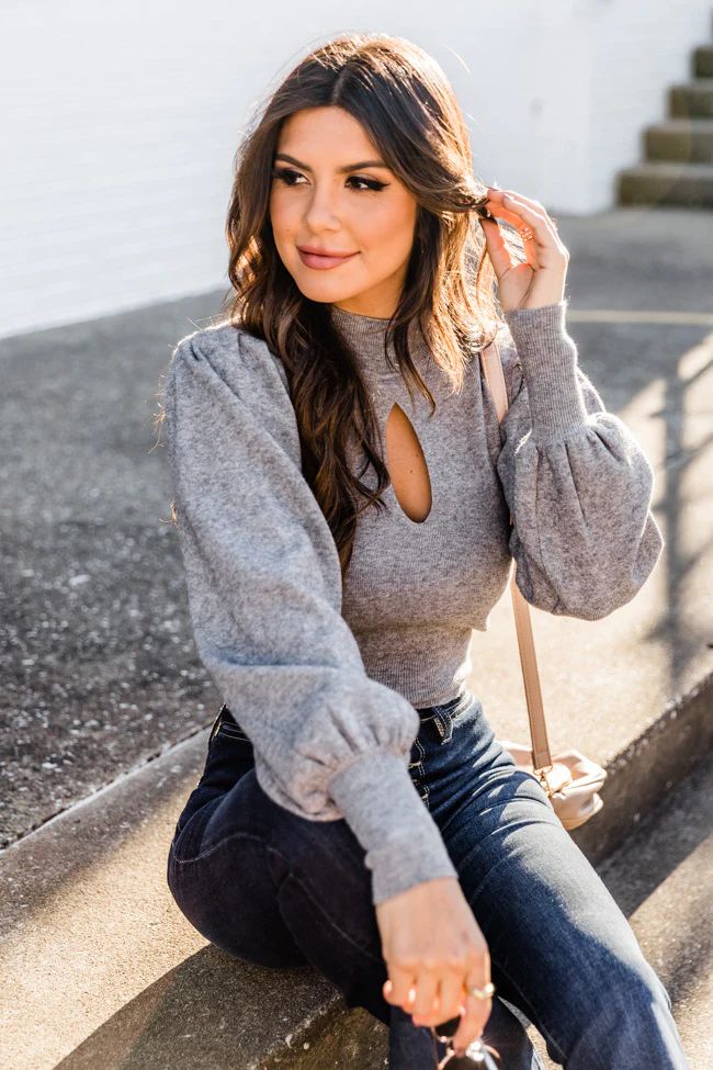 Getting Good Grey Keyhole Mock Neck Sweater | The Pink Lily Boutique