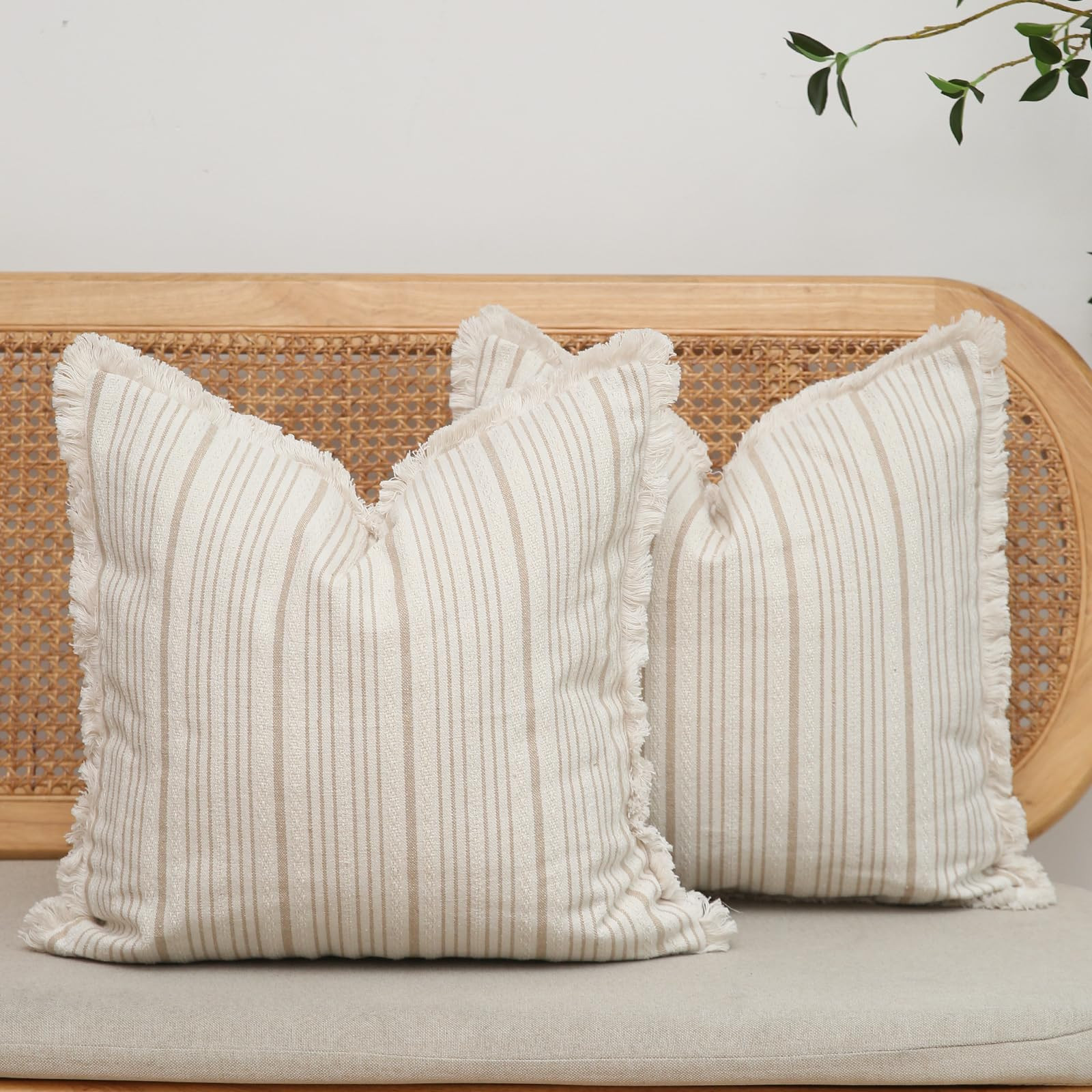 Kiuree Farmhouse Throw Pillow Covers 18x18 Set of 2 Striped Pillow Covers with Fringe Tassel Boho... | Amazon (US)