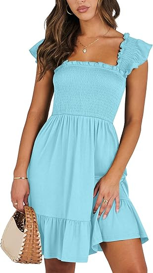 ANRABESS Women's Summer Casual Sleeveless Square Neck Dress 2026 Smocked Ruffle Backless Boho Bea... | Amazon (US)
