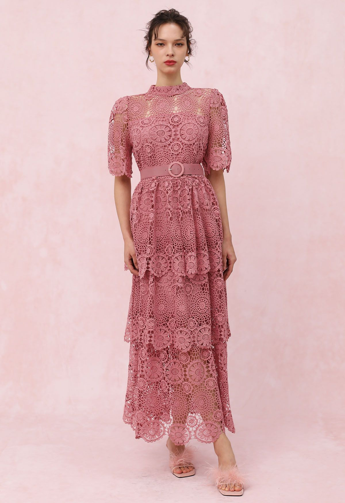 Cutwork Lace Belted Tiered Maxi Dress in Pink | Chicwish