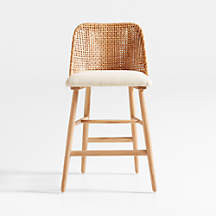 Astrid Upholstered Oak Wood and Rattan Counter Stool with Performance Fabric + Reviews | Crate & ... | Crate & Barrel