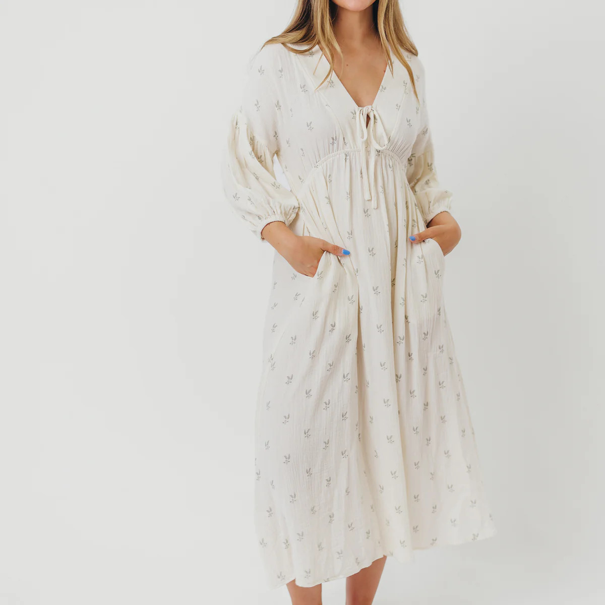Hunter 100% Cotton Gauze Midi Dress in Soy/Sage Foliage - Bump Friendl | Worth Collective