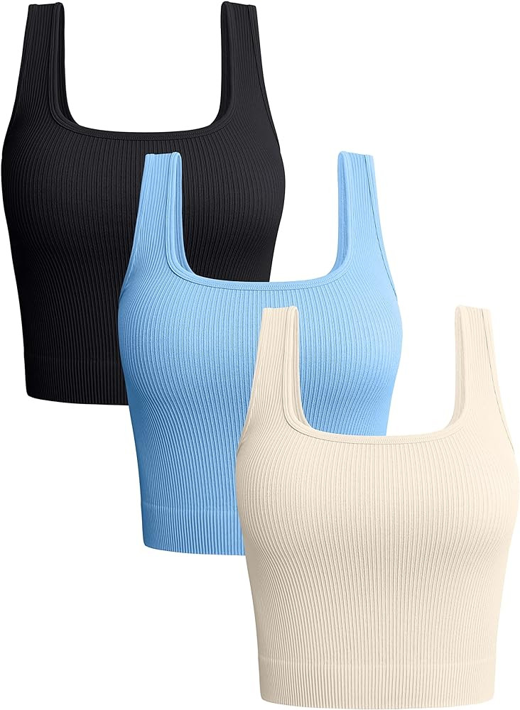 OQQ Women's 3 Piece Tank Tops Ribbed Seamless Workout Exercise Shirts Yoga Crop Tops | Amazon (US)