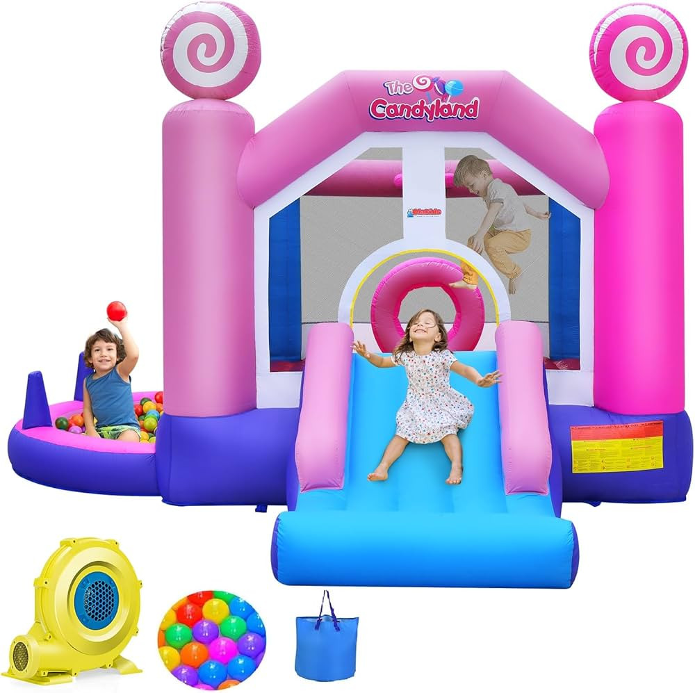 OLAKIDS Inflatable Bounce House, Kids Candyland Pink Jumping Castle with Slide Ball Pit Basketbal... | Amazon (US)