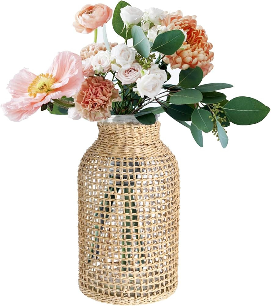 Boho Glass Vase Rattan Vase: Round Flower Vase Basket Vase Farmhouse Flower Bud Vase Floral Conta... | Amazon (US)