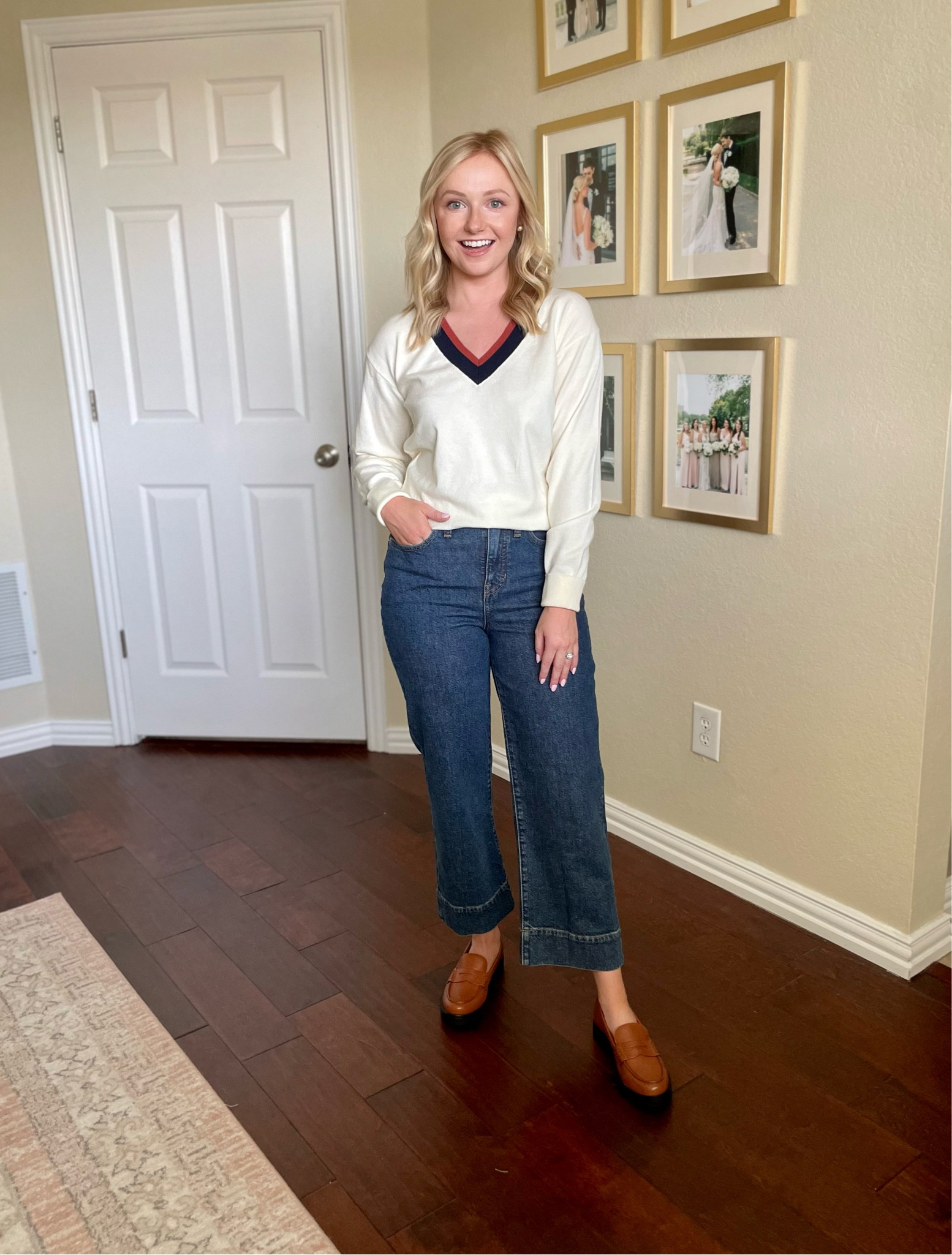 Wearing an XS in sweater and 25P in jeans | fall sweater, neutral sweater, lightweight sweater, flare jeans, cropped jeans, penny loafers, brown loafers, leather loafers, fall outfit 

#LTKSeasonal #LTKFind #LTKBacktoSchool