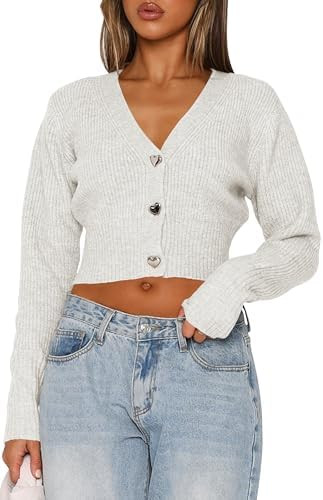 Balimtoy Cropped Cardigan Sweaters for Women Long Sleeve V Neck Knit Short Cardigan Button Up Swe... | Amazon (US)