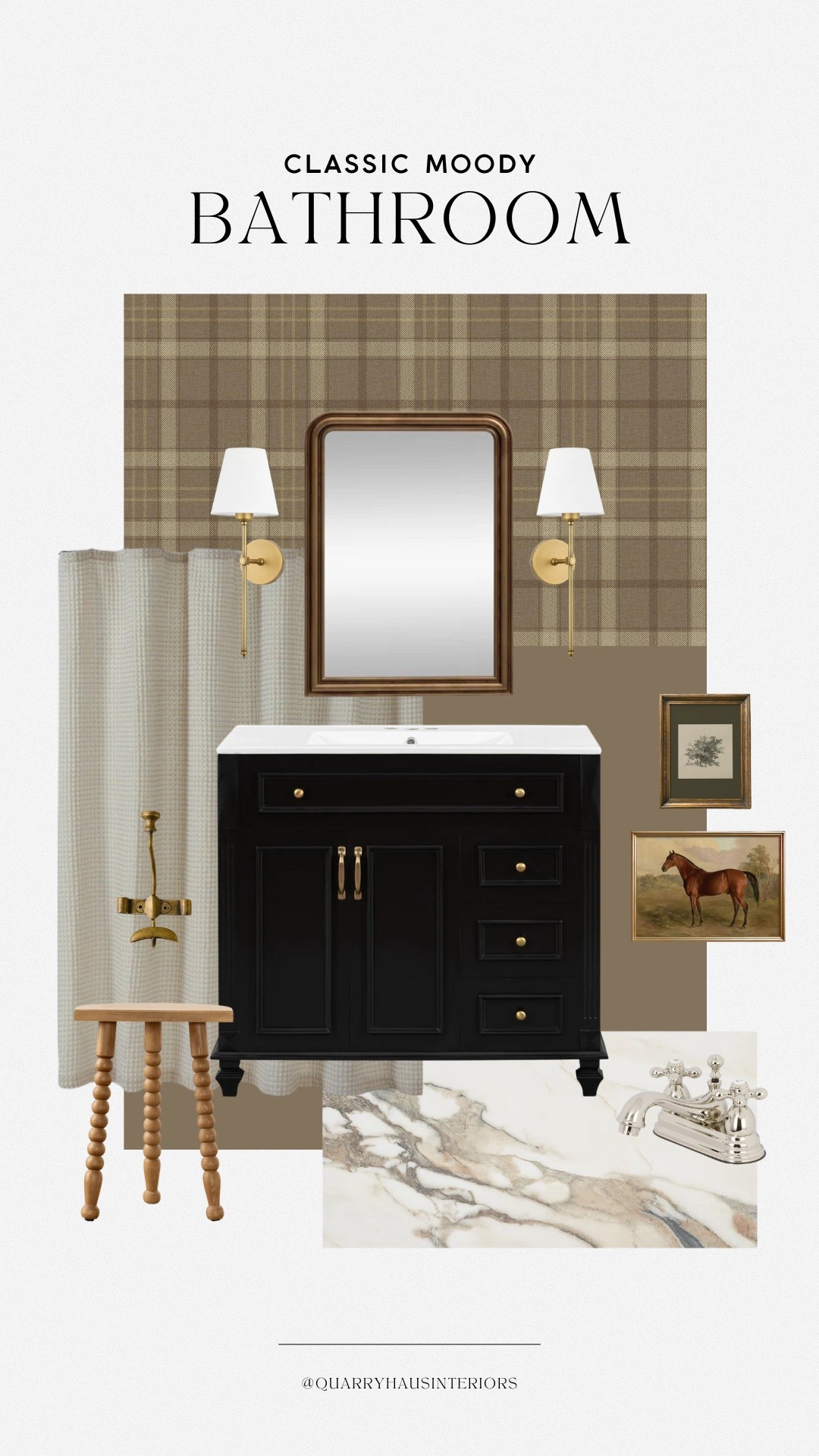 A neutral color palette and traditional plaid wallpaper make this bathroom design feel cozy and sophisticated 🤎 paint color shown is color matched to the wallpaper!

Dark moody classic vintage brown taupe black vanity marble tile brass mirror sconcess 

#LTKHome