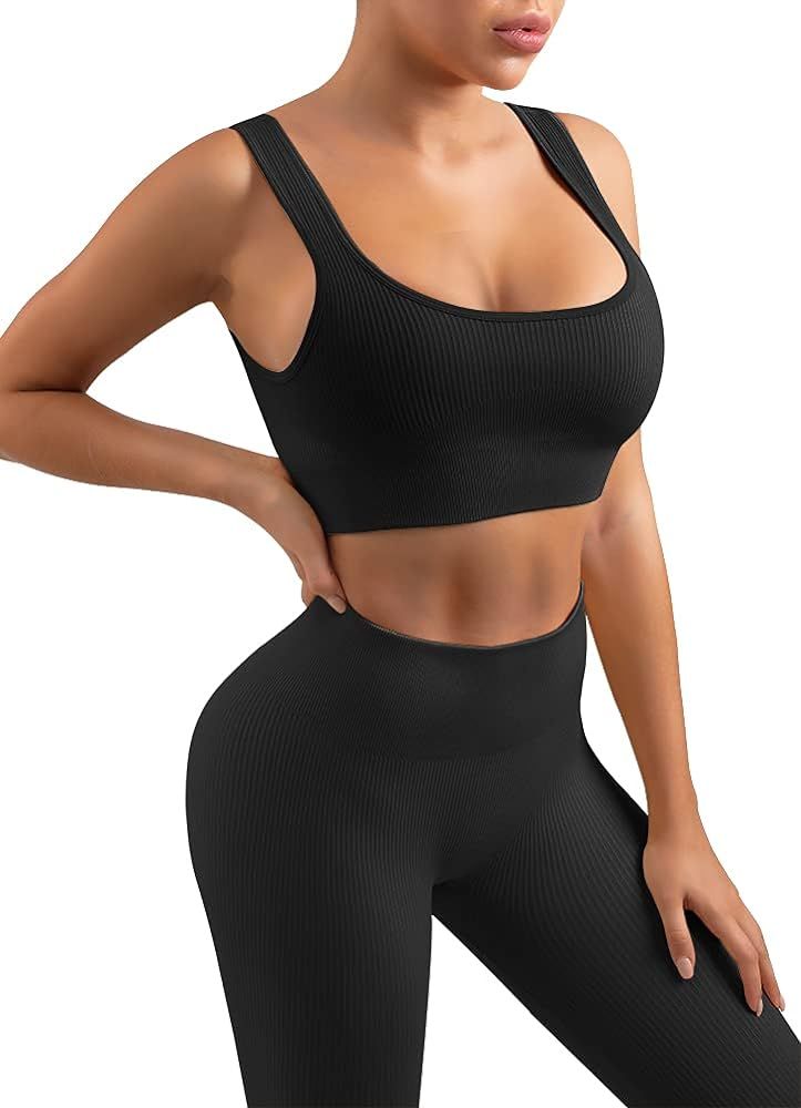 EUYZOU Womens Ribbed Two Pieces Workout Set Outfits, Seamless Crop Top High Waist Sports Leggings... | Amazon (US)