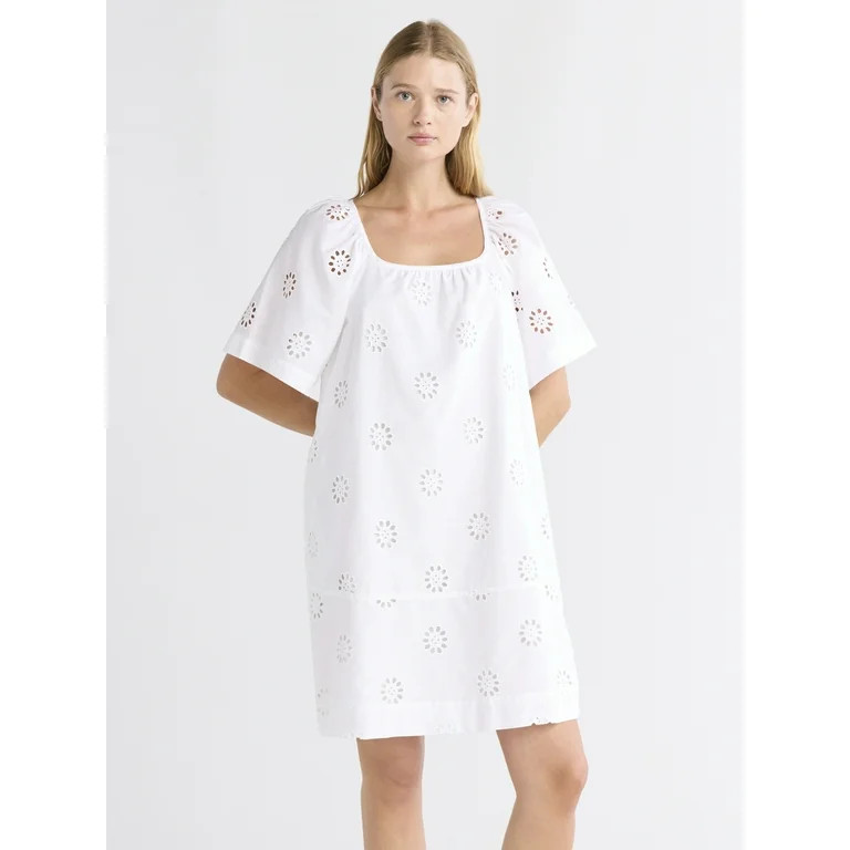 Free Assembly Women's Square Neck Eyelet Mini Dress with Short Sleeves, Sizes XS-XXL | Walmart (US)