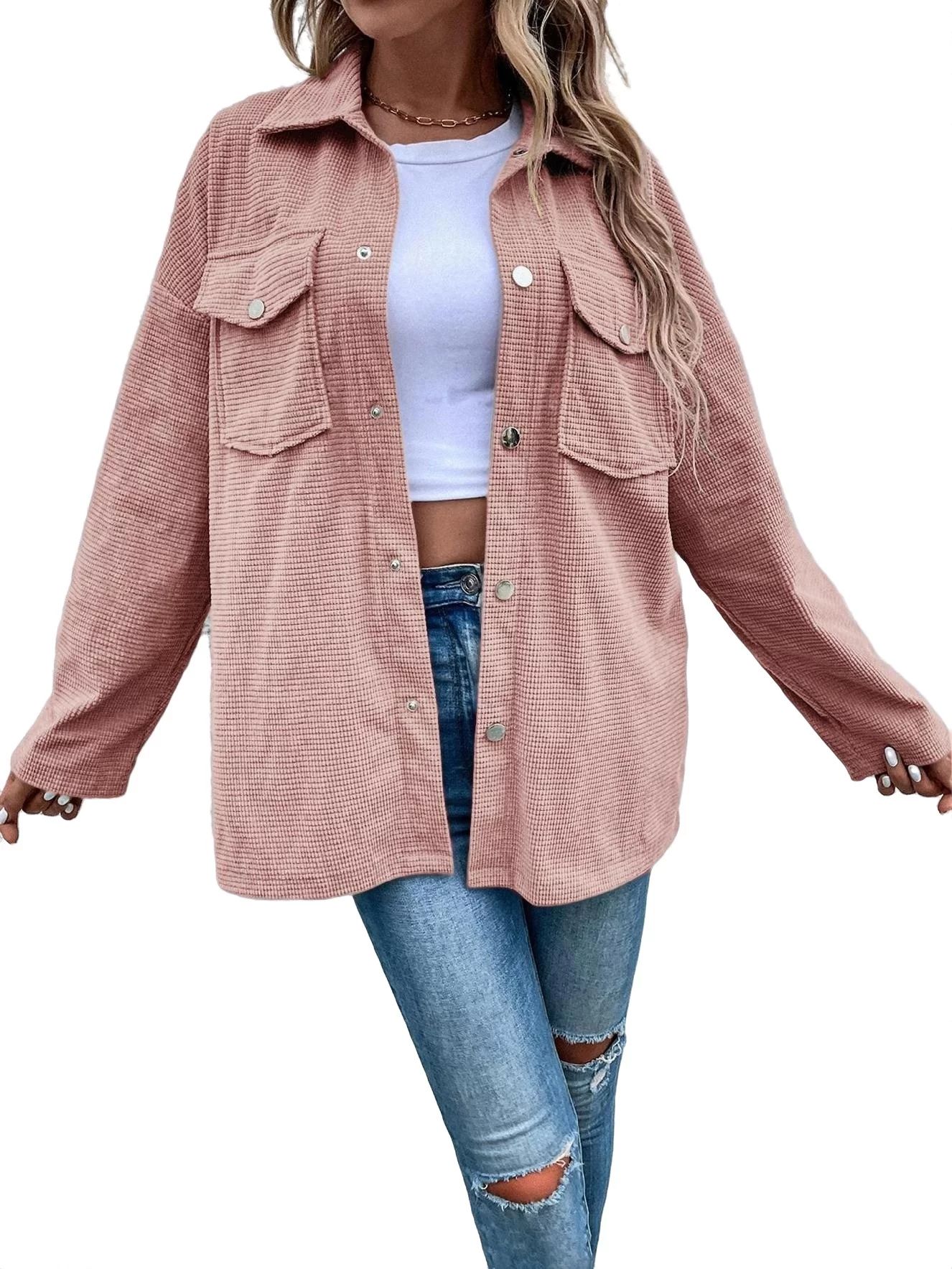 Casual Plain Collar Shacket Long Sleeve Dusty Pink Women's Coats (Women's) | Walmart (US)